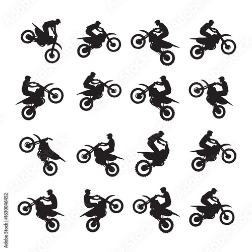 A striking collection of 15 black silhouette illustrations showcasing dynamic motorcycle stunts and jumps.