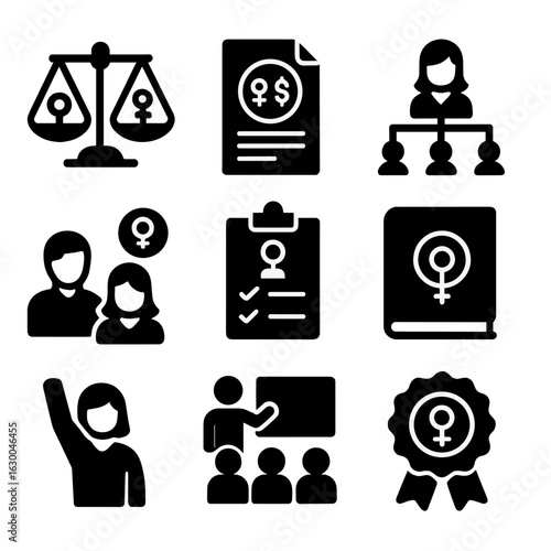 Gender Equality Icons. Solid, filled icons set of gender equality at work: balance scale with symbols, equal