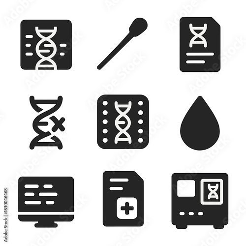 Genetic Diagnostics Icons. Solid, filled icons set of genetic diagnostics: genome map, swab sample, gene test