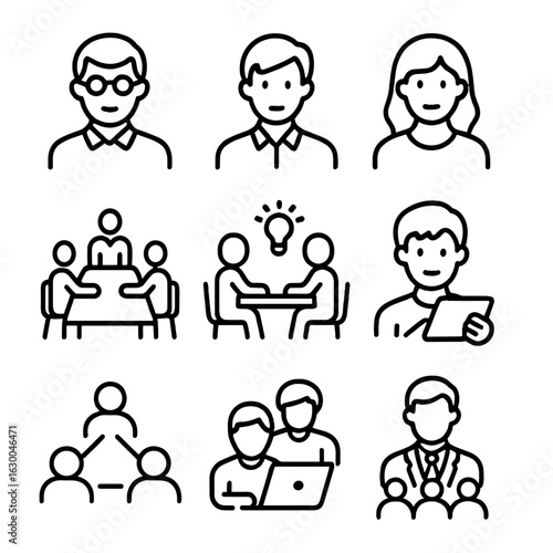 Generational Workforce Icons. Outline icon set of generational diversity at work: baby boomer, Gen X,