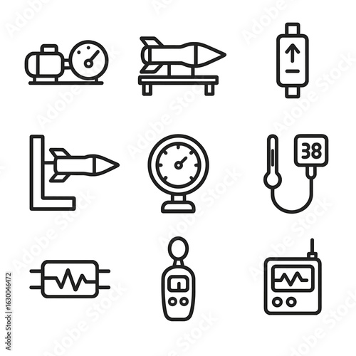 Propulsion Testing Icons. Outline icon set of propulsion testing: dynamometer, test bench, fuel flow meter, thrust stand, pressure