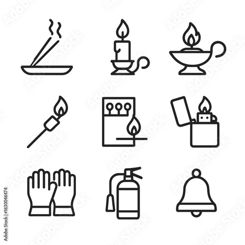 Eternal Flame Icon Set. Outline icon set of eternal flame ritual items: incense, candle holder, oil lamp, fire starter, matches,