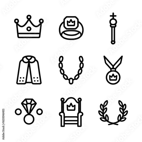 Eternal Regalia Icons. Outline icon set of eternal reign regalia: crown, royal ring, scepter, robe, gold chain, medallion, crown