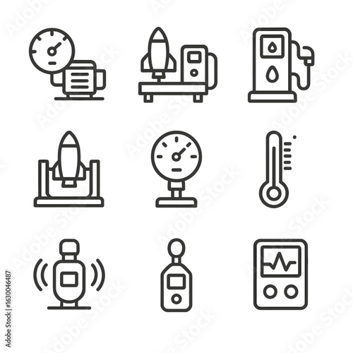 Propulsion Testing Icons. Outline icon set of propulsion testing: dynamometer, test bench, fuel flow meter, thrust stand, pressure