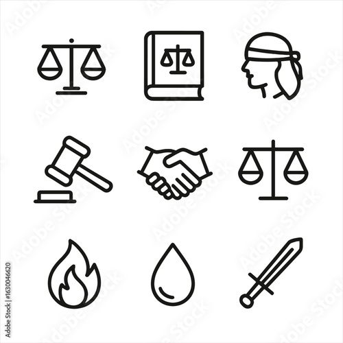 Ethical Icons Grid. Outline icon set of ethical concepts: justice scales, law book, blindfold, gavel, handshake, balance, fire,