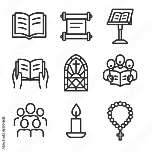 Psalm Icon Set. Outline icon set of psalm readings: open book, scroll, lectern, hands holding book, stained glass window, choir