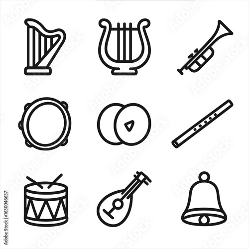 Psalm Instruments Icon Set. Outline icon set of psalm instruments: harp, lyre, trumpet, tambourine, cymbals, flute, drum, lute,