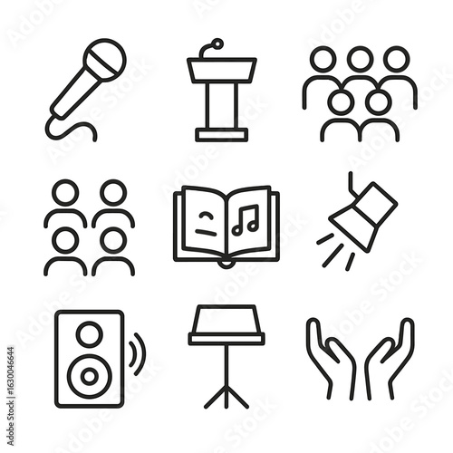 Psalm Recital Icons. Outline icon set of psalm recital: microphone, podium, choir, congregation, hymn book, spotlight, speaker,
