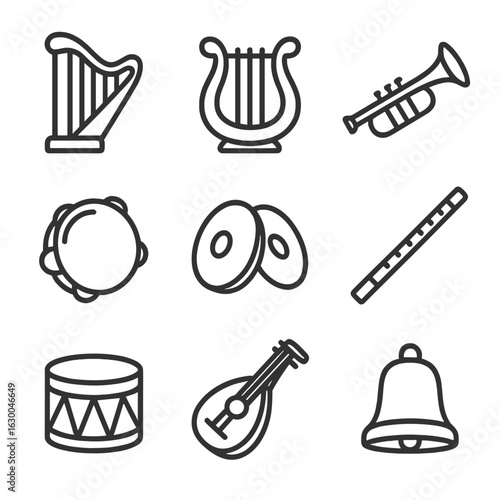 Psalm Instruments Icon Set. Outline icon set of psalm instruments: harp, lyre, trumpet, tambourine, cymbals, flute, drum, lute,