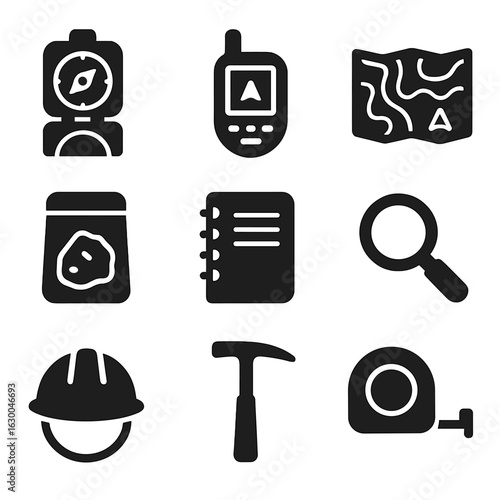 Geology Tools Icons. Solid, filled icons set of field geology tools: compass clinometer, GPS device,