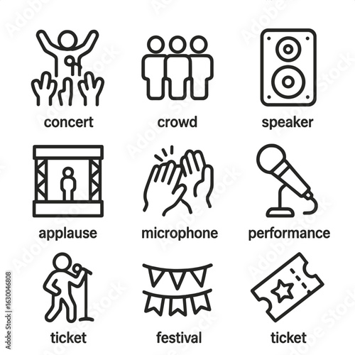 Event Icon Set. Outline icon set of buzz in events: concert, crowd, speaker, stage, applause, microphone, performance, festival,