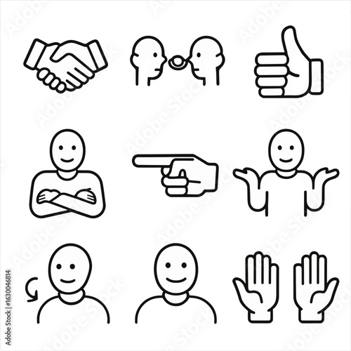 Gesture Icon Set. Outline icon set of gestures and signals: handshake, eye contact, thumbs up, crossed arms,