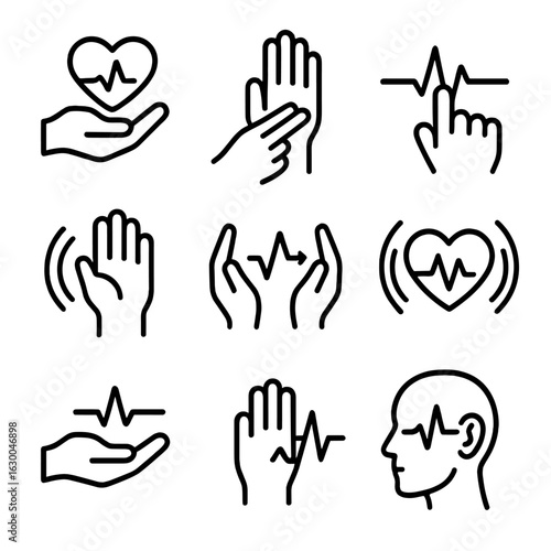 Pulse Icon Grid. Outline icon set of pulse in human interaction: heartbeat in hand, pulse check, touch pulse, energy flow, hand