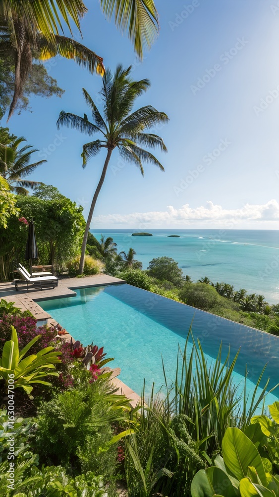 Fototapeta premium Tropical Getaway Infinity Pool Paradise with Ocean Views Lush Greenery Sunny Skies