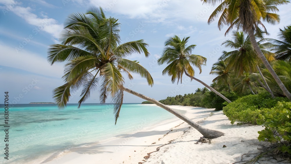 Fototapeta premium Tropical paradise with palm trees. white sandy beach. turquoise sea.