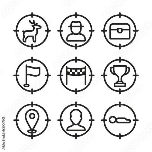 Pursuit Targets Icon Set. Outline icon set of pursuit targets: prey, suspect, treasure, goal flag, finish line, prize, trophy,