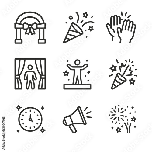 Event Icons Showcase. Outline icon set of boom in events: grand opening, celebration, loud applause, dramatic entrance,