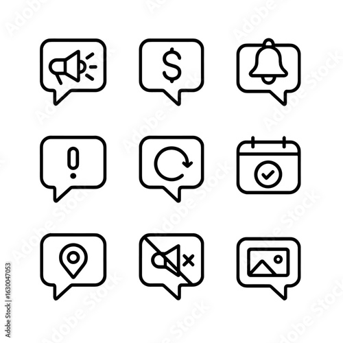 Push Icons Grid. Outline icon set of push message types: promotional push, transactional push, reminder push, alert push, update