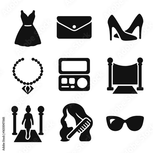Glamorous Fashion Icons. Solid, filled icons set of glamorous fashion: designer dress, clutch bag, stiletto