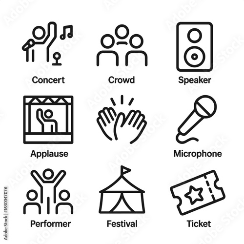 Event Icon Set. Outline icon set of buzz in events: concert, crowd, speaker, stage, applause, microphone, performance, festival,