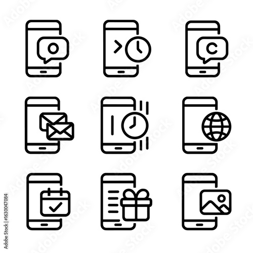 Push Message Icons. Outline icon set of push message scheduling: immediate send, delayed send, recurring schedule, batch send,