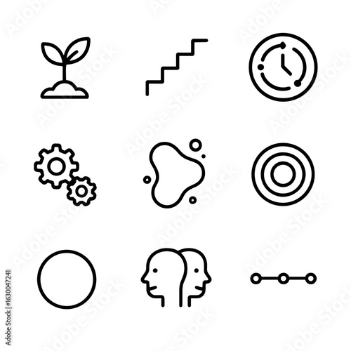 Evolution Icon Set. Outline icon set of evolution: growing plant, staircase, clock with phases, rotating gears, liquid morph,