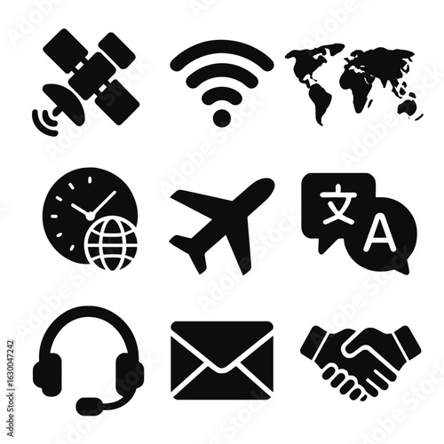Global Communication Icons. Solid, filled icons set of global communication: satellite, wifi signal, world map