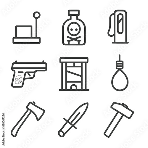 Execution Instruments Icons Set. Outline icon set of execution instruments: trapdoor lever, poison vial, electric chair switch,