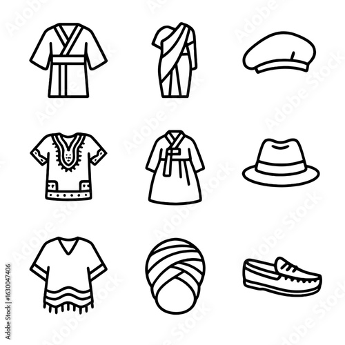 Global Fashion Icons. Outline icon set of cultural influences in fashion: kimono, sari, beret, dashiki, hanbok