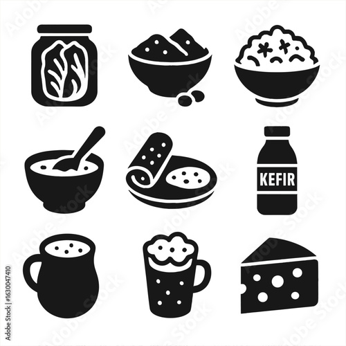 Global Fermented Foods Grid. Solid, filled icons set of Fermented food varieties worldwide: Korean kimchi,