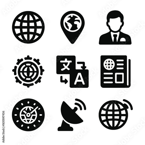 Global News Icons. Solid, filled icons set of global news coverage: globe icon, world map pin, foreign