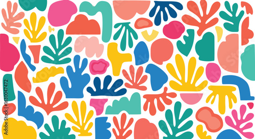 Vibrant abstract organic shapes and botanical forms in a matisse inspired collage