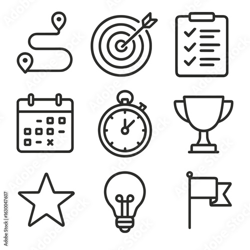 Goal Planning Icons. Outline icon set of goal planning and execution: roadmap, target, checklist, calendar,
