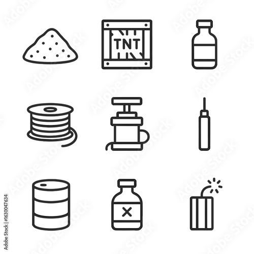 Explosive Materials Icons. Outline icon set of explosive materials: gunpowder, TNT crate, nitroglycerin vial, detonator wire,