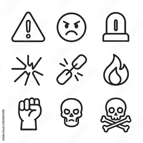 Rage Icons Collection. Outline icon set of rage signs: warning triangle, angry emoji, red alert light, exclamation mark, shattered