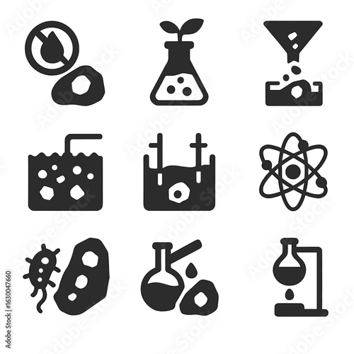 Gold Extraction Methods Icons. Solid, filled icons set of alternative gold extraction methods: mercury-free