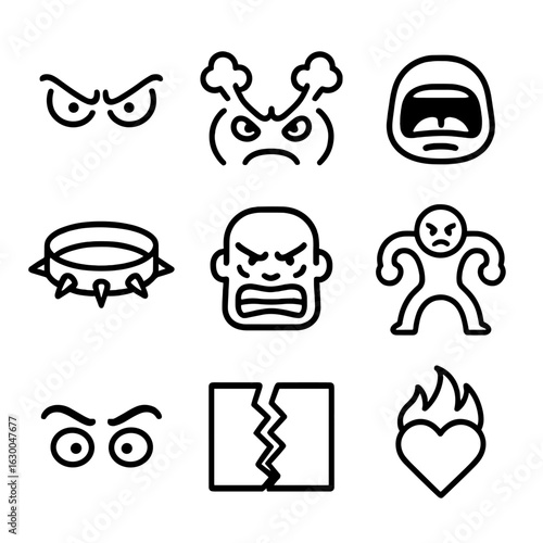 Rage Expressions Icons. Outline icon set of expressions of rage: furious eyes, steam from nose, shouting mouth, spiked collar,