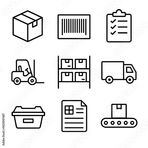Goods Management Icons. Outline icon set of goods management: box, barcode, clipboard, forklift, warehouse