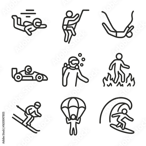 Extreme Sports Icons. Outline icon set of risky activities: skydiving, rock climbing, bungee jumping, motor racing, deep sea