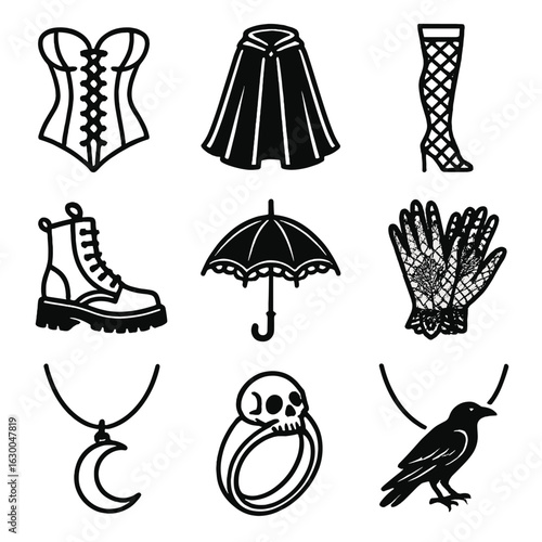 Gothic Fashion Icons. Outline icon set of dark whimsy fashion: corset, velvet cloak, fishnet stockings, combat