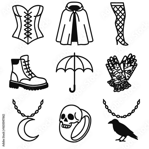 Gothic Fashion Icons. Outline icon set of dark whimsy fashion: corset, velvet cloak, fishnet stockings, combat