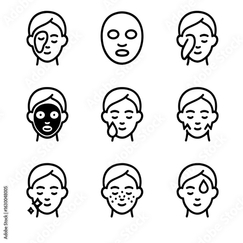 Facial Mask Icons. Outline icon set of facial masks: clay mask, sheet mask, peel-off mask, charcoal mask, moisturizing mask,