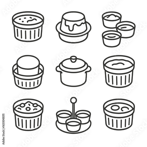 Ramekin Uses Icons. Outline icon set of ramekin uses: crème brûlée, molten lava cake, dipping sauces, soufflé, mini casserole,