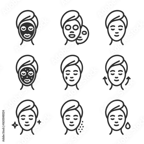 Facial Mask Icons. Outline icon set of facial masks: clay mask, sheet mask, peel-off mask, charcoal mask, moisturizing mask,