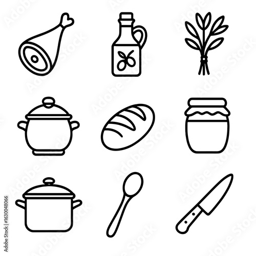 Gourmet Products Icons. Outline icon set of homemade gourmet products: cured meat, olive oil bottle, herb