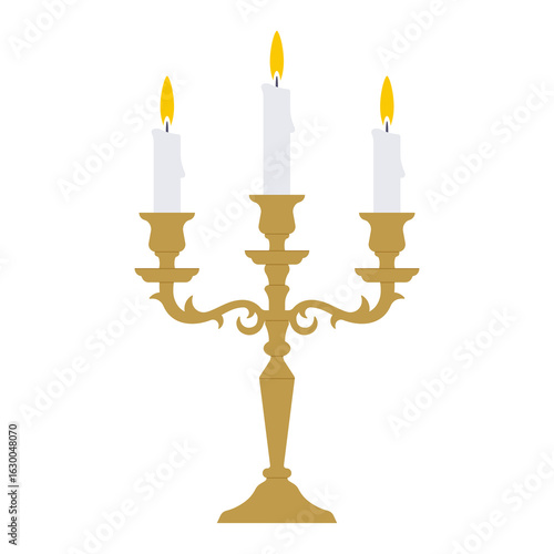 Burning candle in vintage golden candelabrum with three arms. Elegant home decoration for dinner or celebration. Simple illustration, stock flat vector, isolated.