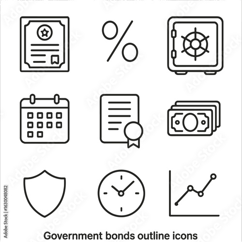 Government Bonds Icons. Outline icon set of government bonds: treasury bond, interest percent, bank vault,