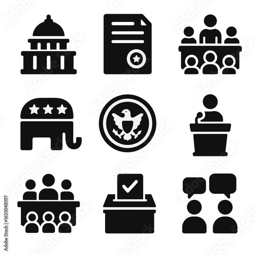 Government Interaction Icons. Solid, filled icons set of government interaction: legislative building,