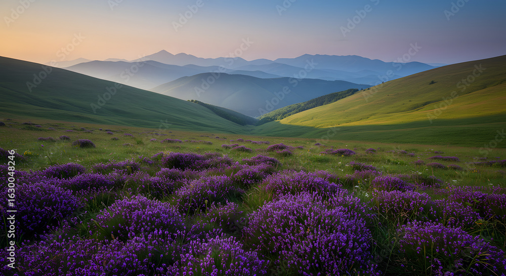Obraz premium Purple flowers field mountains landscape scenic view nature travel destination summer vacation outdoors 100