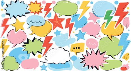 Colorful comic book style speech bubbles and lightning bolts pattern